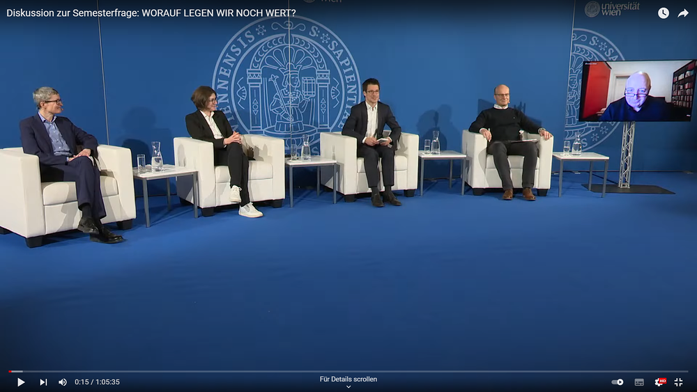 Diskussion zur Semesterfrage: 'Worauf legen wir noch Wert?' an der Universität Wien / Screenshot Youtube / Universität Wien Diskussion zur Semesterfrage: 'Worauf legen wir noch Wert?' an der Universität Wien