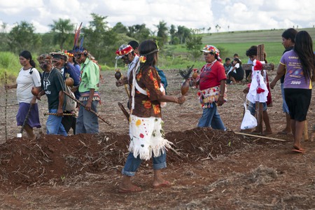 Suedamerika, Brasilien, Mato Grosso do Sul, Caarapo, 23.02.2013: Gruppe von Indigenen der Ethnie Guarani-Kaiowa mit Gesichtsbemalung und Federschmuck tanzt um Grab auf abgeerntetem Sojafeld einer besetzten Farm. Als Reaktion auf den von einem Sojafar
